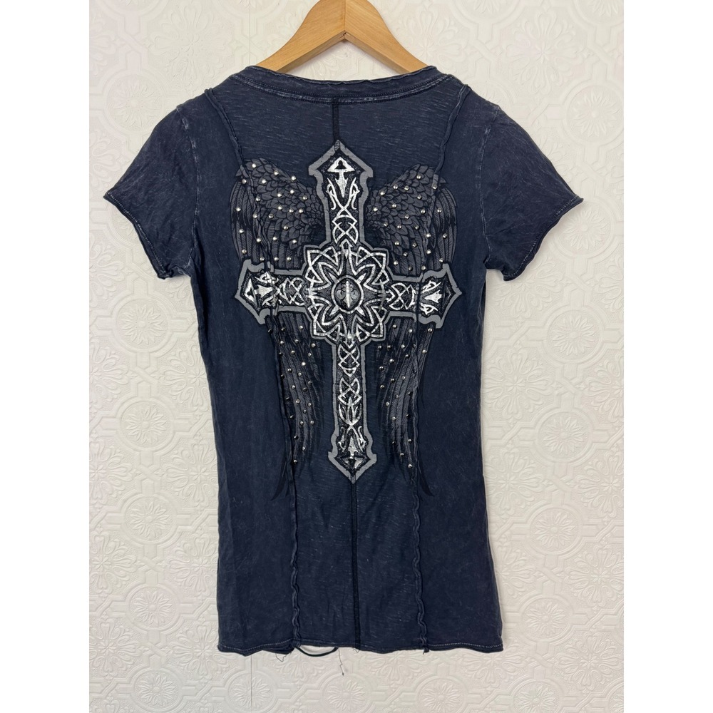 Affliction Womens Embellished Cross Winged Graphic V-Neck T-Shirt Charcoal Small - Picture 6 of 6
